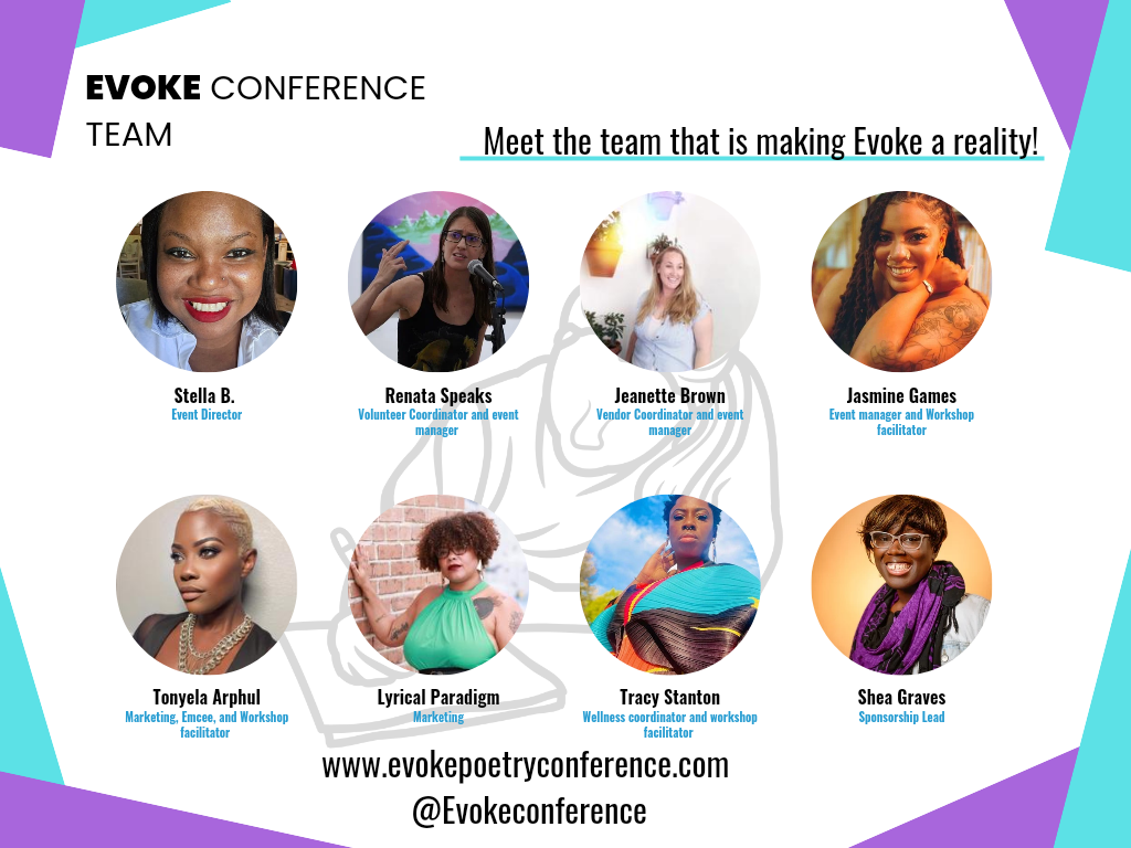 A team introduction graphic for the Evoke Conference featuring portraits of seven team members with their names, roles, and a stylized graphic of a unicorn in the background.